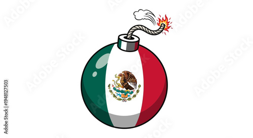 A spherical bomb painted with the national flag of mexico featuring a lit fuse and burning flame