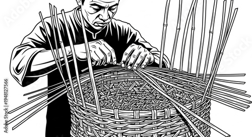 Artisan Weaving a Basket with Focused Concentration and Skill.