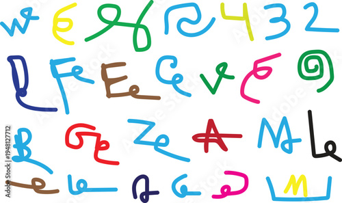 Multicolored handwritten alphabet and numbers on a white background with creative lettering and swirls
