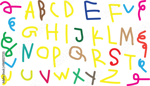 A colorful alphabet illustration featuring all 26 letters in a vibrant handwritten style on a white background