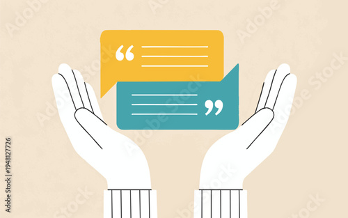 Minimalist Vector Illustration of Hands Holding Speech Bubbles with Quote Marks
