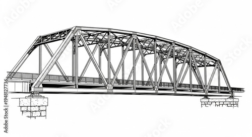 Detailed illustration of a vintage steel arch bridge structure.