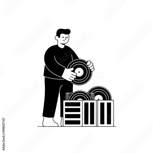 Black and white vector illustration of a person organizing vinyl records in a crate or Monochrome graphic of a vinyl collector arranging discs in storage crates for decor