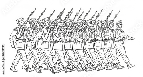 Line of soldiers marching in formation with rifles.