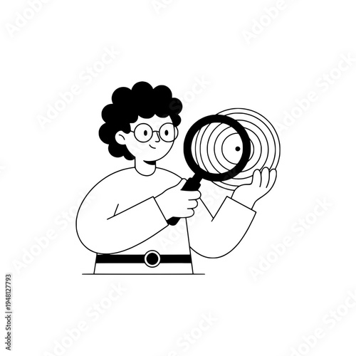 Cartoon curator examining vinyl grooves with a magnifying glass in clean line art style or Playful line drawing of a curious observer inspecting records with a magnifying glass