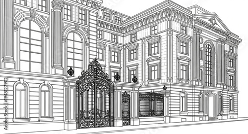 Detailed Architectural Drawing of an Ornate Building Facade.