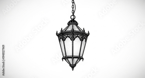 Ornate Hanging Lantern with Intricate Metalwork and Chain.