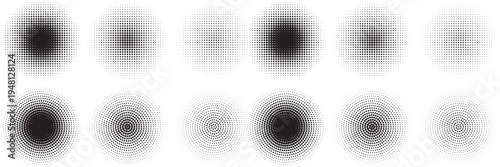 PrintHalftone gradient circles collection. Dots textured round patterns. Cartoon comic radial faded background set. Abstract pixelated elements for frame, poster, collage, banner, flyer. Vector bundle