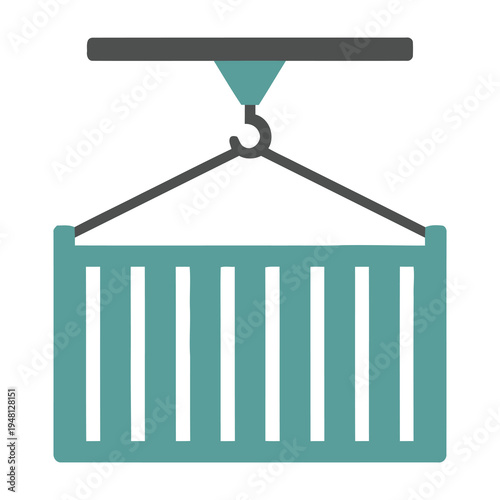 Crane hook lifting teal container for industrial shipping and logistics