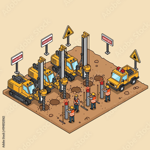 Construction site scene featuring drilling machines, workers, and warning signs.