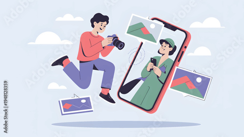 A man with a camera is photographing a woman on a smartphone screen with a floating