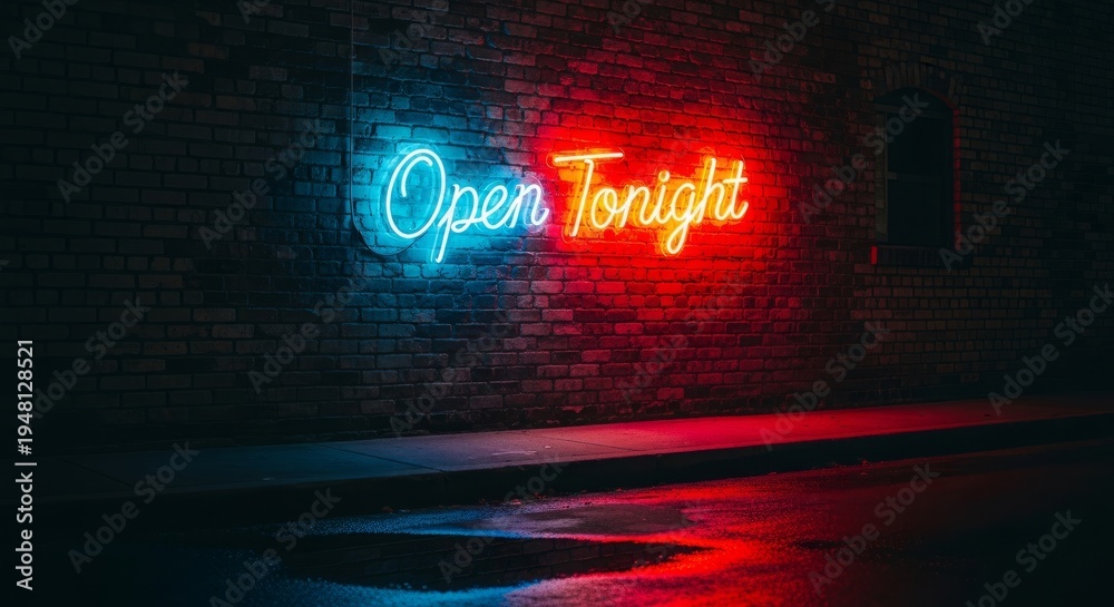 Naklejka premium Neon Open Sign on Brick Wall with Reflections at Night