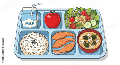 Healthy School Lunch Tray with Salmon, Rice, Salad and Milk