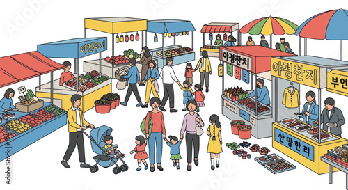 Bustling Outdoor Market Scene with Diverse People Shopping at Stalls