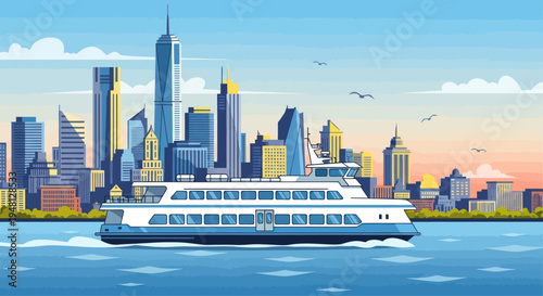 Ferry Boat Sailing Past Modern City Skyline at Sunset, Urban Waterfront