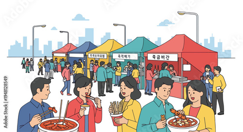 Diverse Crowd Enjoying Street Food at Vibrant Outdoor Market