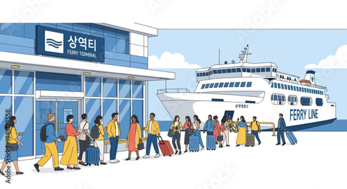 Diverse travelers boarding a ferry at a terminal building, with a large ship docked.
