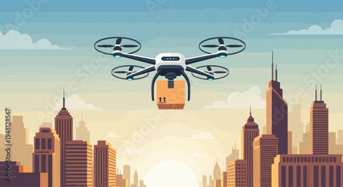 Delivery drone flying over city skyline at sunset with package