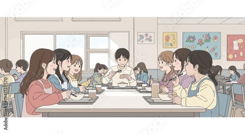 Diverse group of students eating lunch together in a bright, modern school cafeteria.