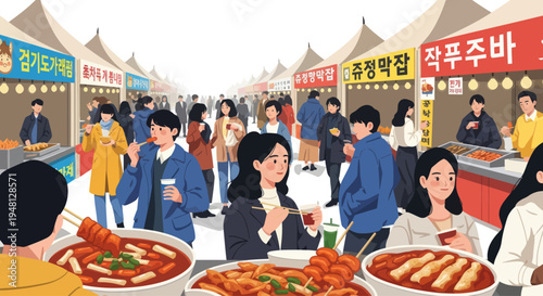 Korean Street Food Festival: People Enjoying Tteokbokki and Skewers at Outdoor Market