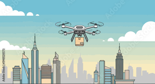 Drone delivering package over futuristic cityscape with modern skyscrapers, aerial view