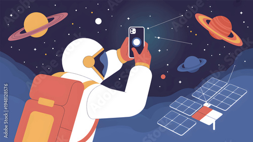 An astronaut taking off planets and solar panels in a deep space galaxy