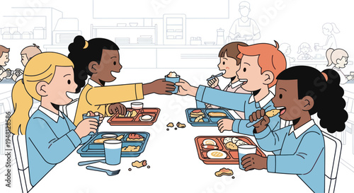 Diverse schoolchildren enjoying lunch together in a bright cafeteria, sharing and smiling.
