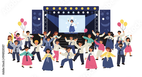 Joyful Korean Festival Celebration with People Dancing in Hanbok on Stage