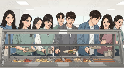 Diverse students choosing food at a school cafeteria buffet line