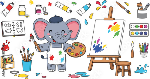 Cute Elephant Painter Cartoon Character with Easel, Paint Palette, Brushes and Art Supplies for Kids Creativity, Drawing Lessons, School Activities and Artistic Illustration