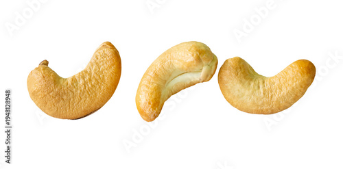 Side view set of roasted or baked cashew nuts isolated with clipping path in png file format