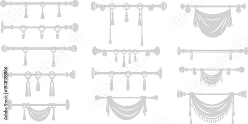 Collection of elegant curtain tie backs and decorative pelmets, vector illustrations for interior design, tie back, window treatment, home decor