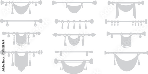 Set of elegant curtain tie backs with decorative swags and tassels, vector illustrations for interior design, tie back, window treatment, home decor