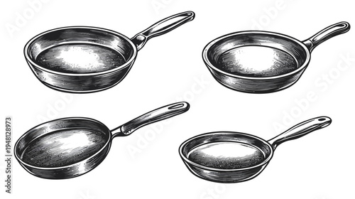 Four black and white illustrations of frying pans, each with a handle, in different orientations