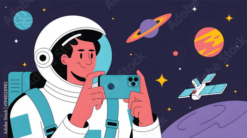 An astronaut taking a selfie with a smartphone in a colorful outer space galaxy with stars and planets