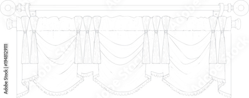 Detailed line art sketch of ornate scalloped window valance with swag drapery with window treatment with living room with architectural detail