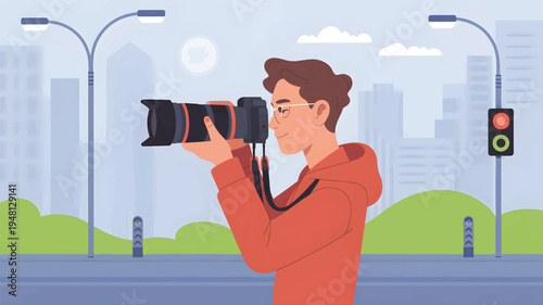 A man in an orange hoodie is taking a photo with a DSLR camera in a city with a DSLR lens