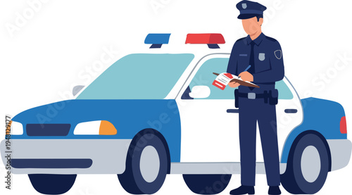 Police Officer Writing Ticket Next to Patrol Car Illustration