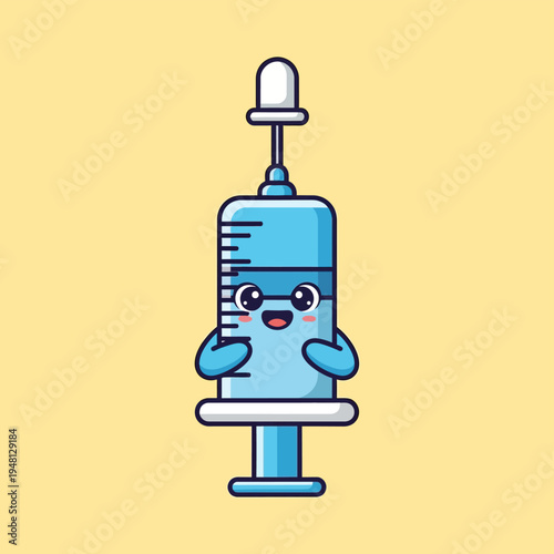 Cartoon Syringe Character with Happy Expression.