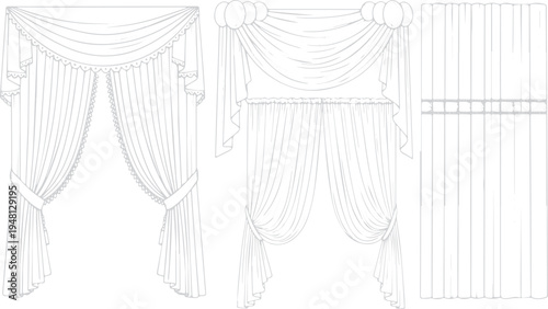 Elegant draped curtains and swags set in outline style for interior design and architectural planning with window treatments with home decor with line art with design element