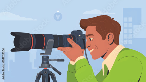 Man with a camera on a tripod, taking in an urban setting, with a telephoto lens