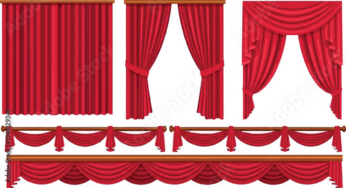 Set of red fabric drapes, curtains, and swags with tie-backs, tie back, window treatments, interior design, velvet curtains, elegant drapes, classic curtains