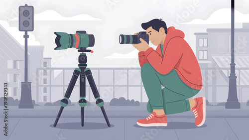 A man with a camera is photographing a camera on a tripod in a city photographer