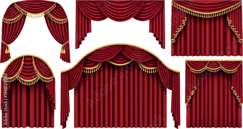 Collection of luxurious red stage curtains with gold trim, draped and swagged for theatre or events, interior design, stage background, velvet curtains, gold decoration