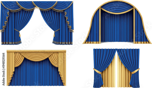 Collection of royal blue and gold drapes, stage curtains, and swags for luxurious theatre or event settings, gold trim, interior design, stage background, velvet curtains