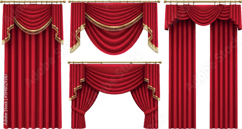 Group of red stage curtains and swags with gold trim, draped for theatre and event decoration, interior design, stage background, velvet curtains, royal curtains