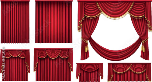 Variety of red theatre curtains and decorative swags with gold trim, for elegant event or stage backgrounds, interior design, stage background, velvet curtains