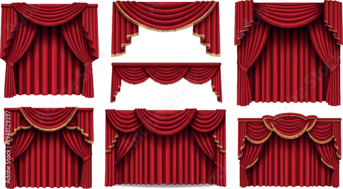 Collection of red theatre curtains and ornate gold swags, draped for luxury event or stage decoration, gold trim, interior design, stage background, velvet curtains