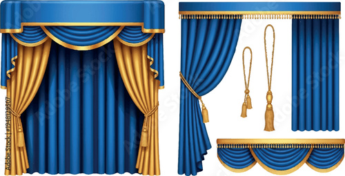 Blue and gold royal stage curtains with swags and tassels for theater with theater drapes with gold trim with swag curtains with velvet curtains with stage backdrop