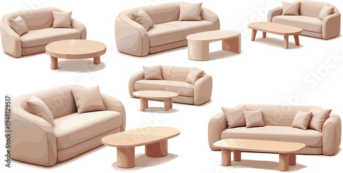 Modern Living Room Furniture Set with Comfortable Beige Sofas, Couches, and Matching Wooden Coffee Tables for Interior Design, Home Decor, and Architectural Visualization